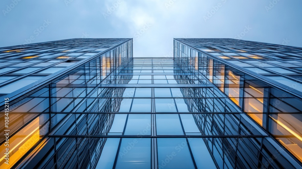 Obraz premium Top view of a striking skyscraper with exposed steel supports and expansive glass windows