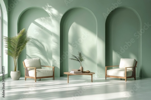 Cozy living room with modern furniture and green curved walls during sunny da...