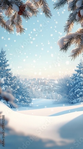 Frosty pine branches frame a winter scene with softly falling snow and blurre...