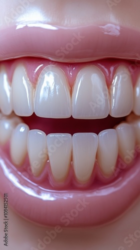 Healthy, bright smile showcasing even teeth and pink gums in a close up view