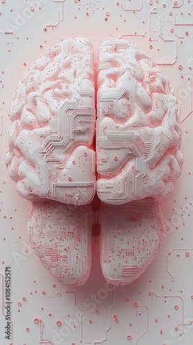 Abstract representation of a brain with circuit patterns on a pink background...