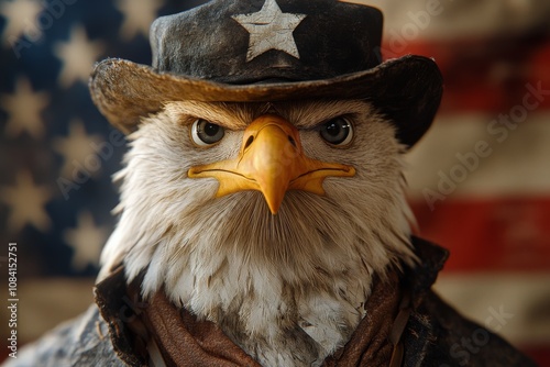 A majestic eagle wearing a cap poses confidently in front of an American flag...