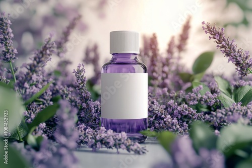 A glass dropper bottle surrounded by fresh lavender flowers outdoors in natur...