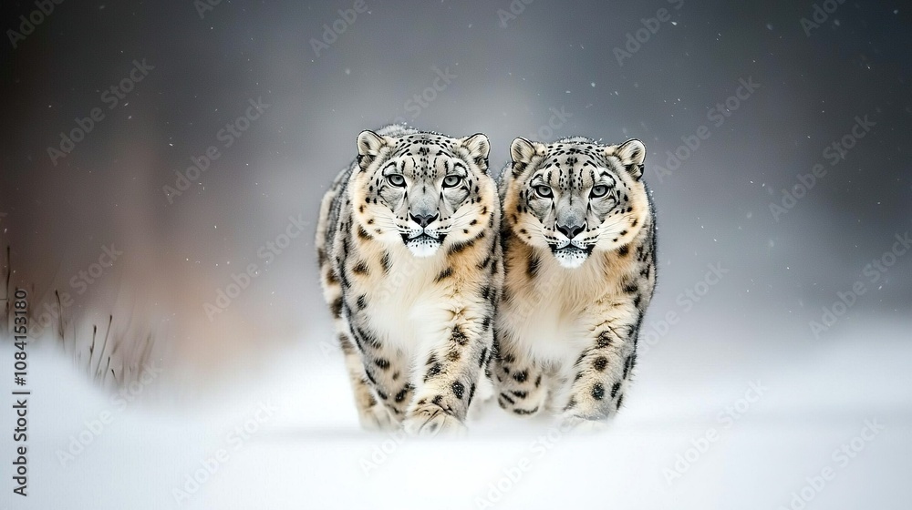 Obraz premium Two snow leopards strolling amidst snowy grass and a hazy backdrop of snowfall