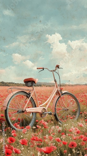 Bicycle standing in a colorful poppy field during a serene afternoon with blu...