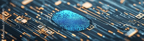 Futuristic blue fingerprint surrounded by digital data flows, abstract background, symbolizing AI in secure identity authentication technology photo