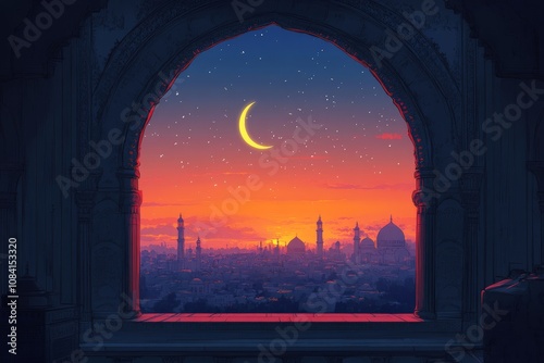 A serene twilight view of a cityscape with a crescent moon and colorful sky