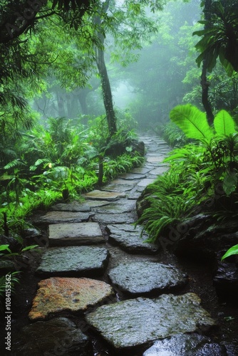 A tranquil stone pathway through a misty forest with soft glowing lights at dusk
