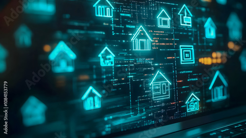 Futuristic Digital Interface Displaying House Icons with Data Flow Representing Smart Home Technology and Real Estate Innovation in a Virtual Environment