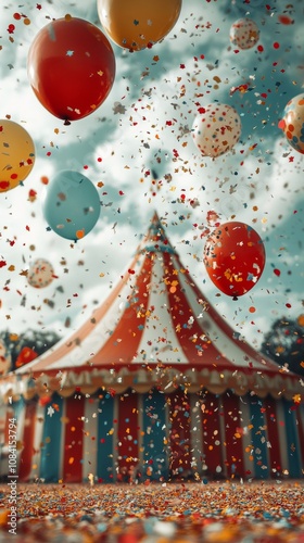 Colorful balloons and confetti celebrate a joyful festival under a big top tent