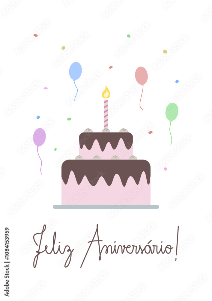 Vetor de bolo de aniversário com balões e confetes