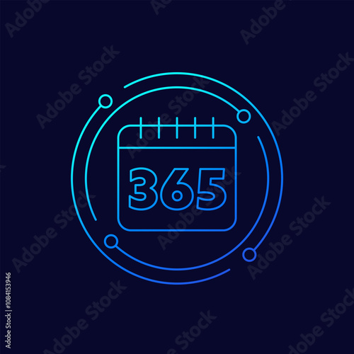 365 days, full year icon with calendar, linear design