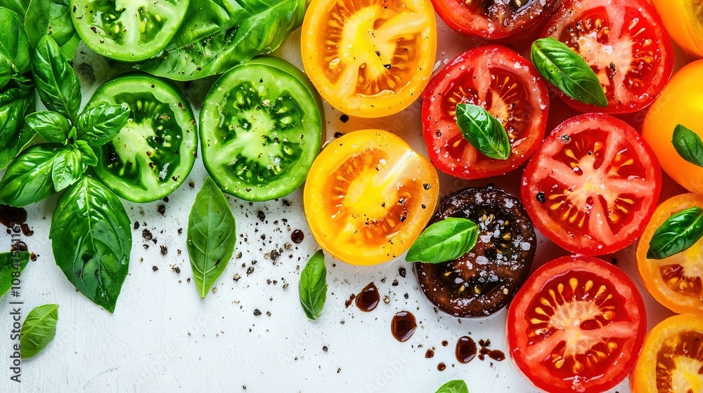 Naklejka premium Various tomato species displayed on a pure white background alongside fresh basil foliage and aromatic garnishes