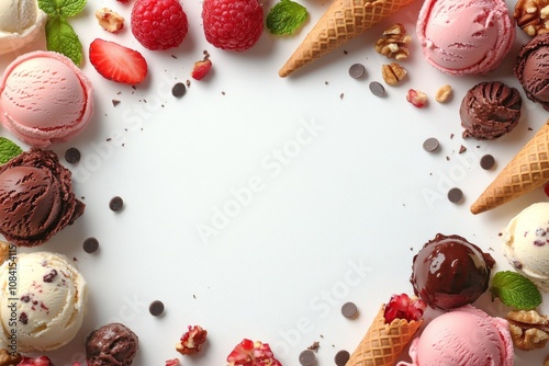 Assorted ice cream scoops and toppings arranged creatively on a white surface