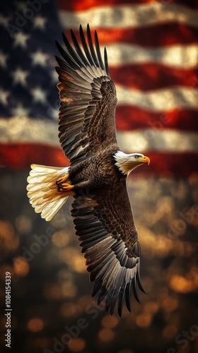 Majestic bald eagle soaring against a vintage American flag backdrop in a ser...