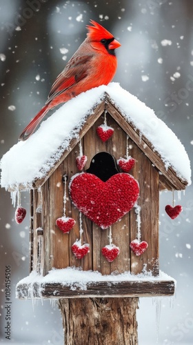 A vibrant red cardinal perched on a heart shaped birdhouse covered in snow du...