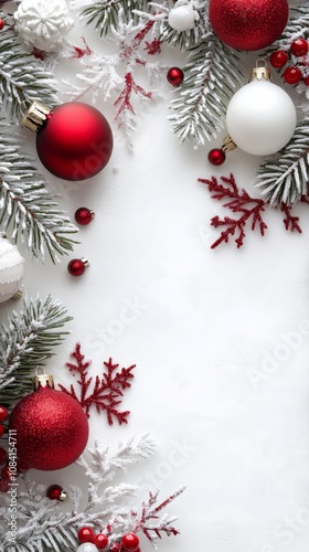 Holiday ornaments and snowflakes on a textured white background in festive co...