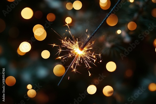 Sparkler glowing brightly amidst a dark background with blurred lights during...