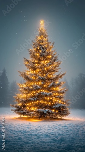 A beautifully lit Christmas tree surrounded by snow during a winter evening a...