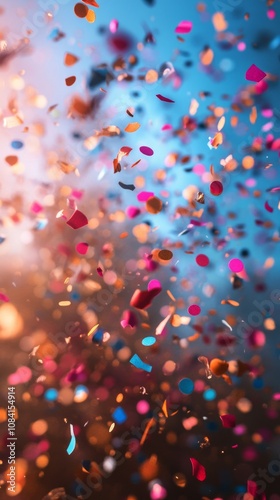 Colorful confetti falling against a blurred background during a festive celeb...