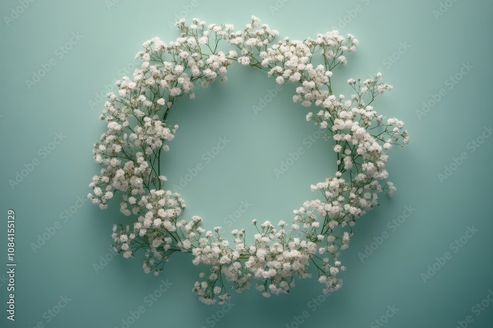Obraz premium White flowers arranged in an oval shape on a light blue background for decoration