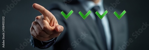 A business professional points at three check marks symbolizing success durin...