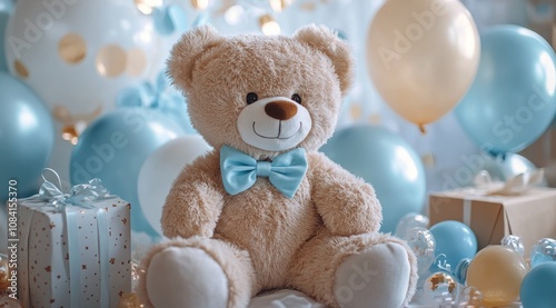 A cute bear with a blue bow tie surrounded by balloons and gifts in a festive...