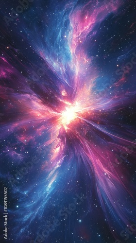 Colorful cosmic explosion in deep space with vibrant purple and blue light beams