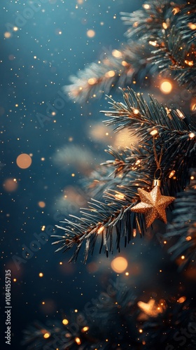 Golden star ornaments hang on a snowy evergreen tree during a festive winter ...