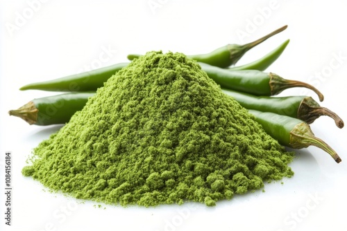 Fresh green chili peppers and ground chili powder arranged on a white background