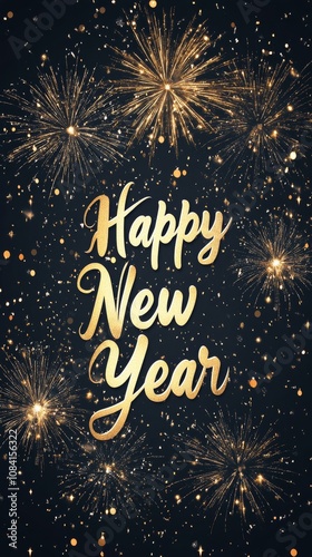 Festive golden text wishing a happy new year against a dark background with s...