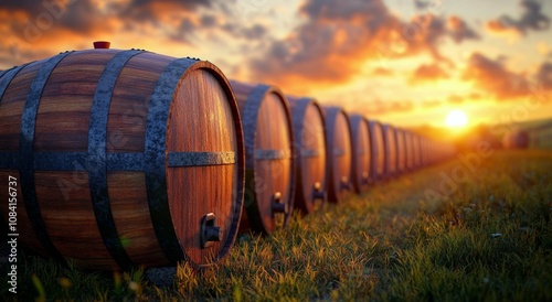 A row of wooden barrels aligned in a vineyard at sunset, showcasing natural b...