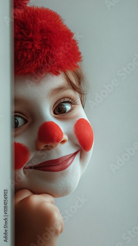 A young child with curly hair smiles playfully while dressed as a clown near ...