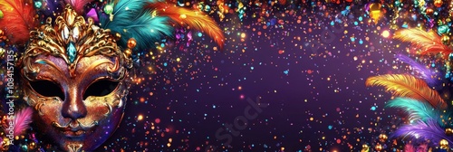 Colorful carnival mask with vibrant feathers and sparkling confetti on purple...