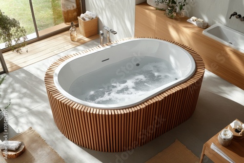Modern oval bathtub with wooden slats in a serene bathroom setting