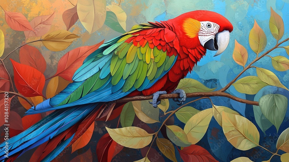 Obraz premium A vibrant parrot perches on a leafy branch against a blue sky