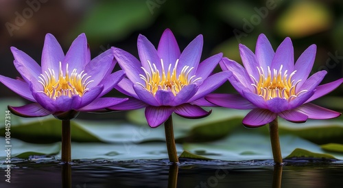 Three vibrant purple water lilies bloom gracefully on a calm pond during sunn...