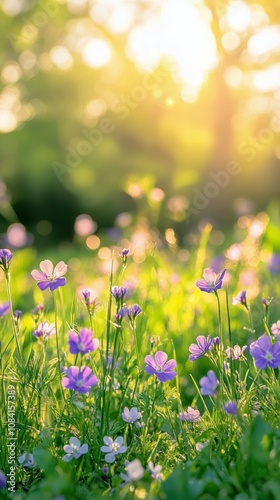 Gentle sunlight illuminates a vibrant wildflower meadow in springtime tranqui...
