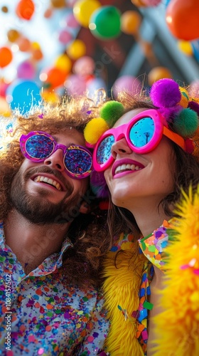 Colorful partygoers smiling at a festive event with bright decorations and ba...