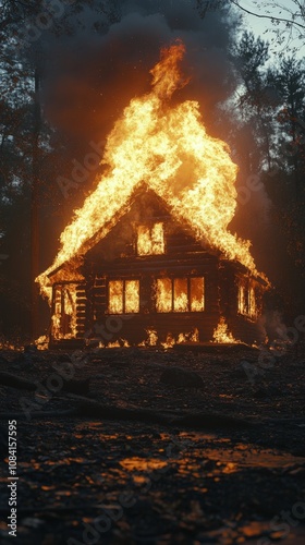 House engulfed in flames near water at night during a forest fire in a reside...