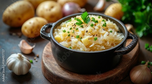 Delicious homemade sauerkraut with garlic and potatoes on a rustic wooden table