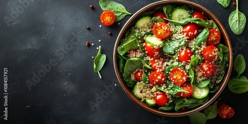 Fresh vegetable and quinoa salad with tomatoes and cucumbers on a dark backgr...