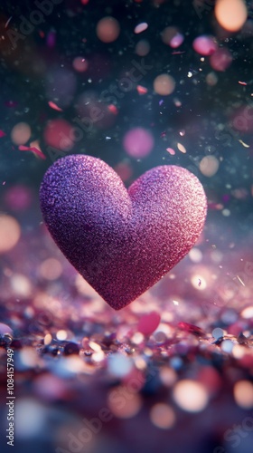 A sparkling purple heart floating amidst a magical background of soft lights ...