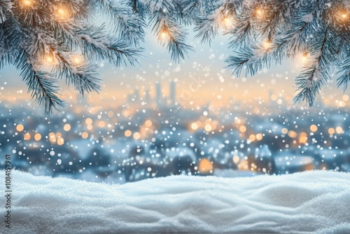Winter wonderland view from snowy pine branches overlooking a city skyline at...