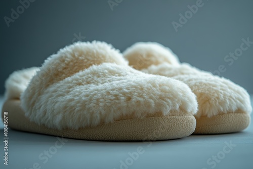 Slippers with fur on a blue background with space for text. Comfortable home shoes photo