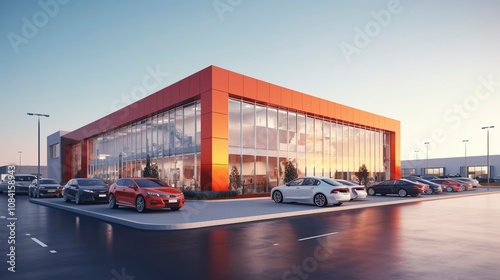 Modern car dealership exterior with parked cars at sunset,