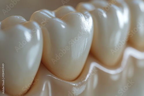 Close up of shiny dental crowns arranged neatly on a reflective surface indic...