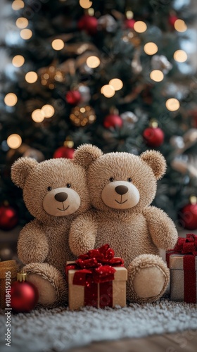 Two bears among wrapped gifts in front of a decorated Christmas tree during t...