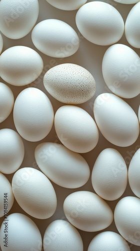 A collection of white eggs arranged neatly on a light background during dayli...