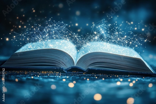 An open book with glowing heart shaped particles floating above it in a dark ...
